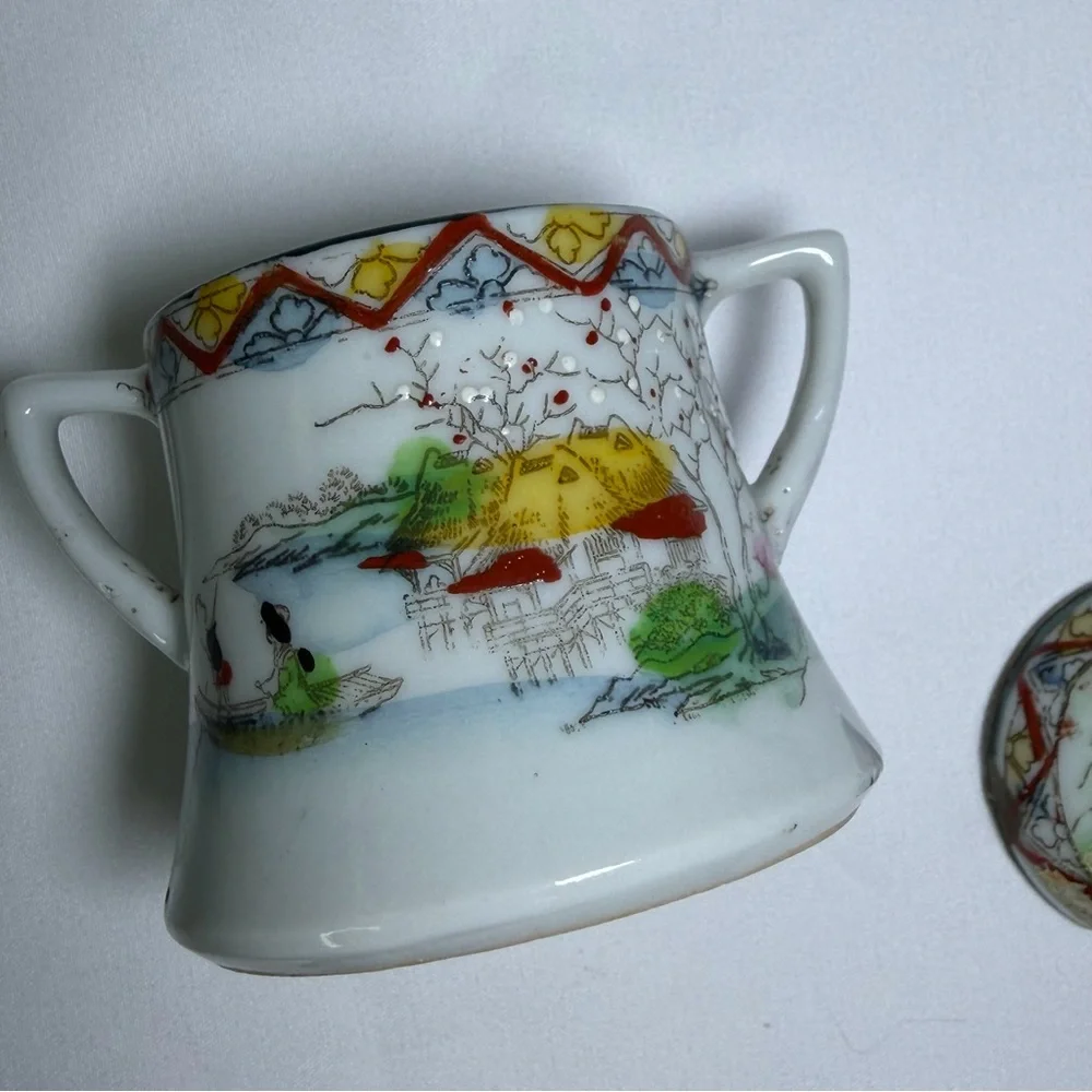Antique Porcelain Nippon Mini Sugar Bowl Hand-Painted Japanese Scenic Geisha Art